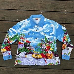 Vintage Blue/White Colorful Tudor Court Tropical Hawaiian Beaded Denim Jacket